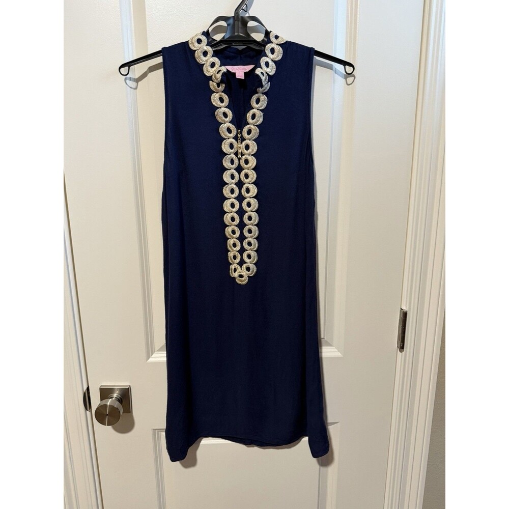 Lilly Pulitzer Jane Shift Dress Size 0 True Navy Gold Lace Trim Style 25076